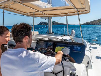 Cockpit of Skywalker, a Fountaine Pajot FP 44 Quatuor catamaran at Seget Donji, Croatia