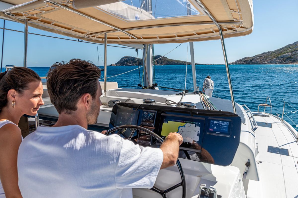 Cockpit of Skywalker, a Fountaine Pajot FP 44 Quatuor catamaran at Seget Donji, Croatia