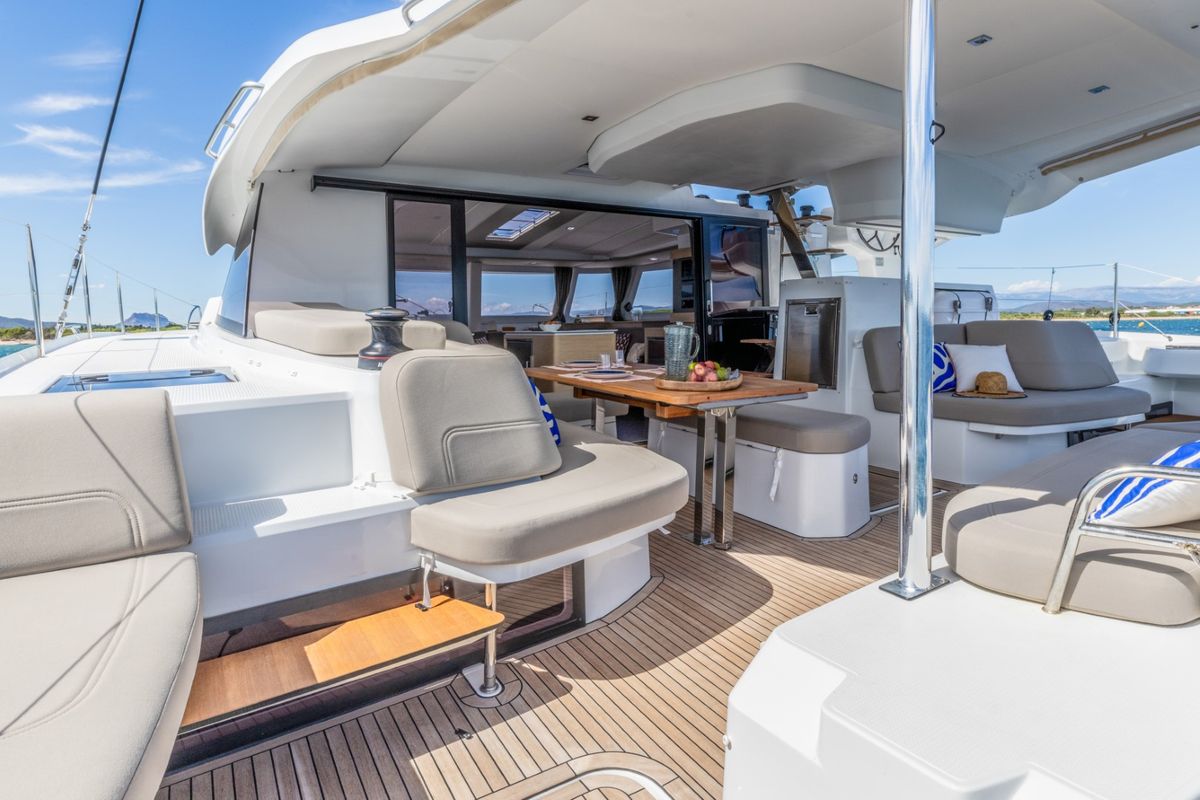 Deck of Skywalker, a Fountaine Pajot FP 44 Quatuor catamaran at Seget Donji, Croatia