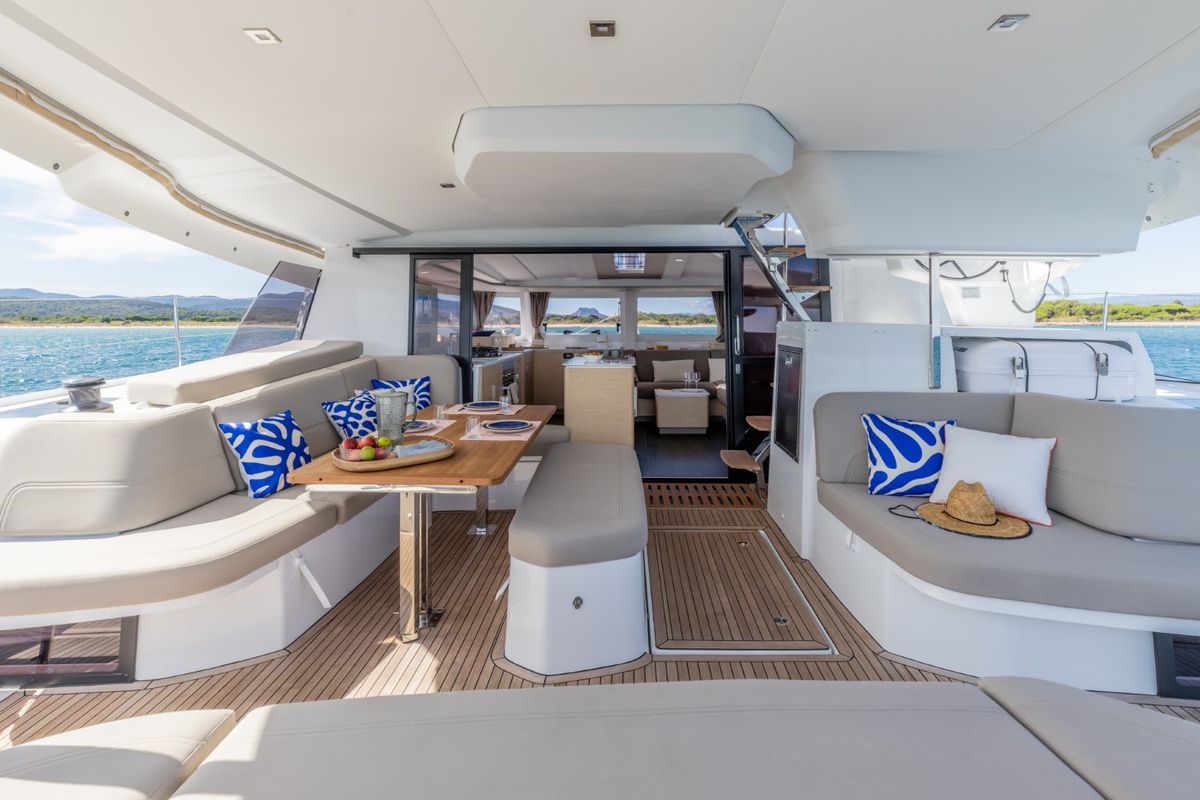 Deck of Skywalker, a Fountaine Pajot FP 44 Quatuor catamaran at Seget Donji, Croatia