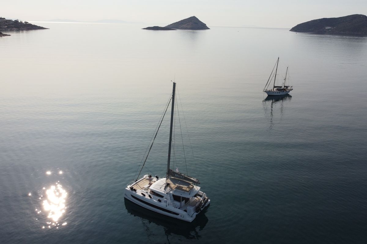 Exterior view of Leo, a Bali 4.2 catamaran at Lavreotiki Municipal Unit, Greece