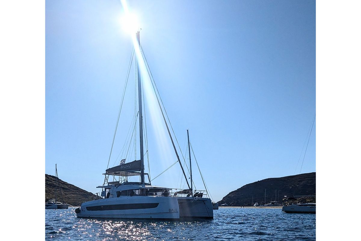 Exterior view of Leo, a Bali 4.2 catamaran at Lavreotiki Municipal Unit, Greece