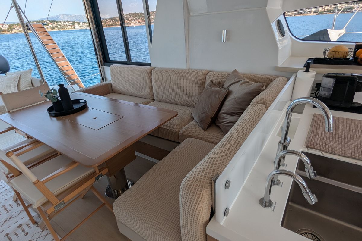 Salon of Leo, a Bali 4.2 catamaran at Lavreotiki Municipal Unit, Greece