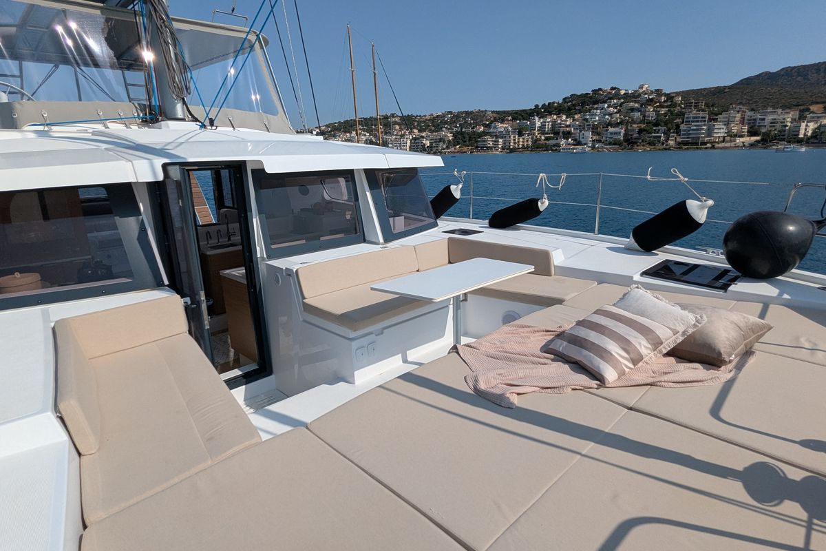 Deck of Leo, a Bali 4.2 catamaran at Lavreotiki Municipal Unit, Greece