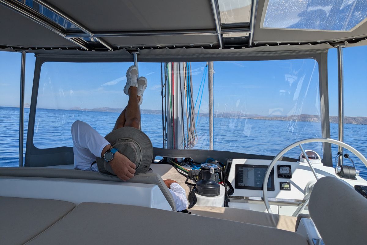 Cockpit of Leo, a Bali 4.2 catamaran at Lavreotiki Municipal Unit, Greece