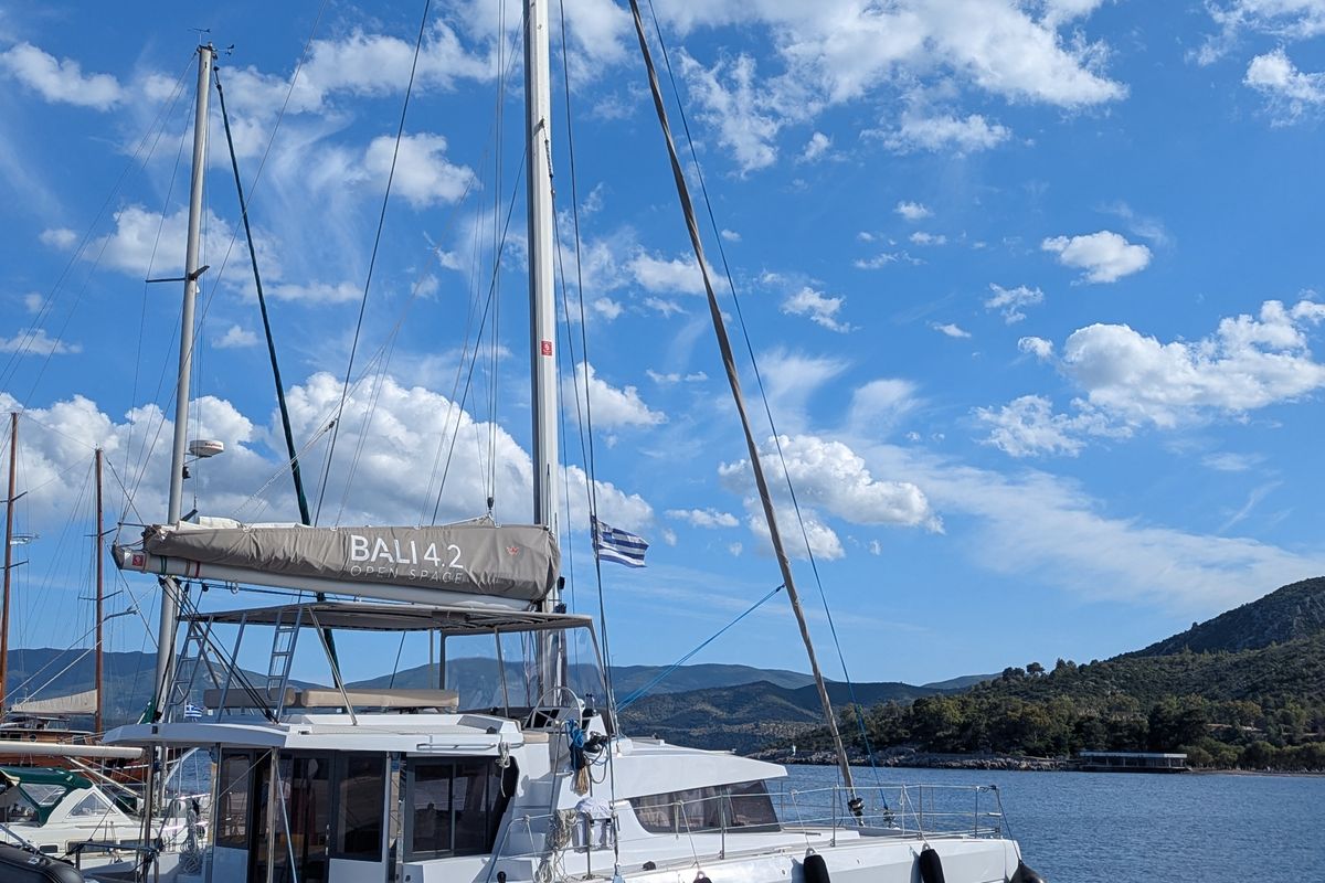 Exterior view of Leo, a Bali 4.2 catamaran at Lavreotiki Municipal Unit, Greece