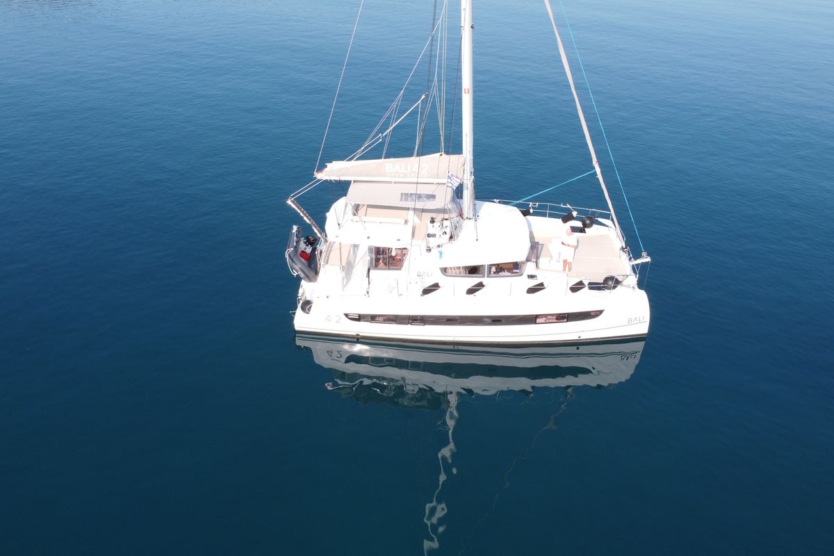 Exterior view of Leo, a Bali 4.2 catamaran at Lavreotiki Municipal Unit, Greece