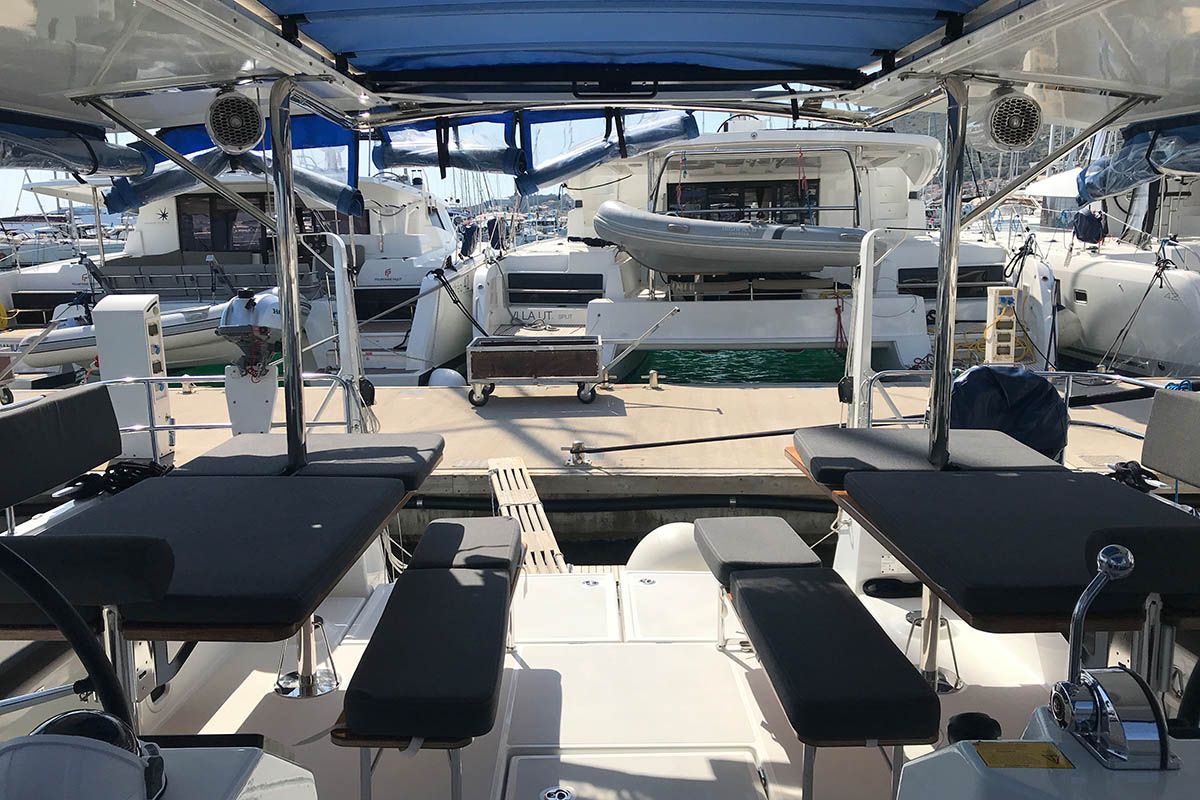 Deck of Asti, a Jeanneau Sun Loft 47 sailboat at Seget Donji, Croatia