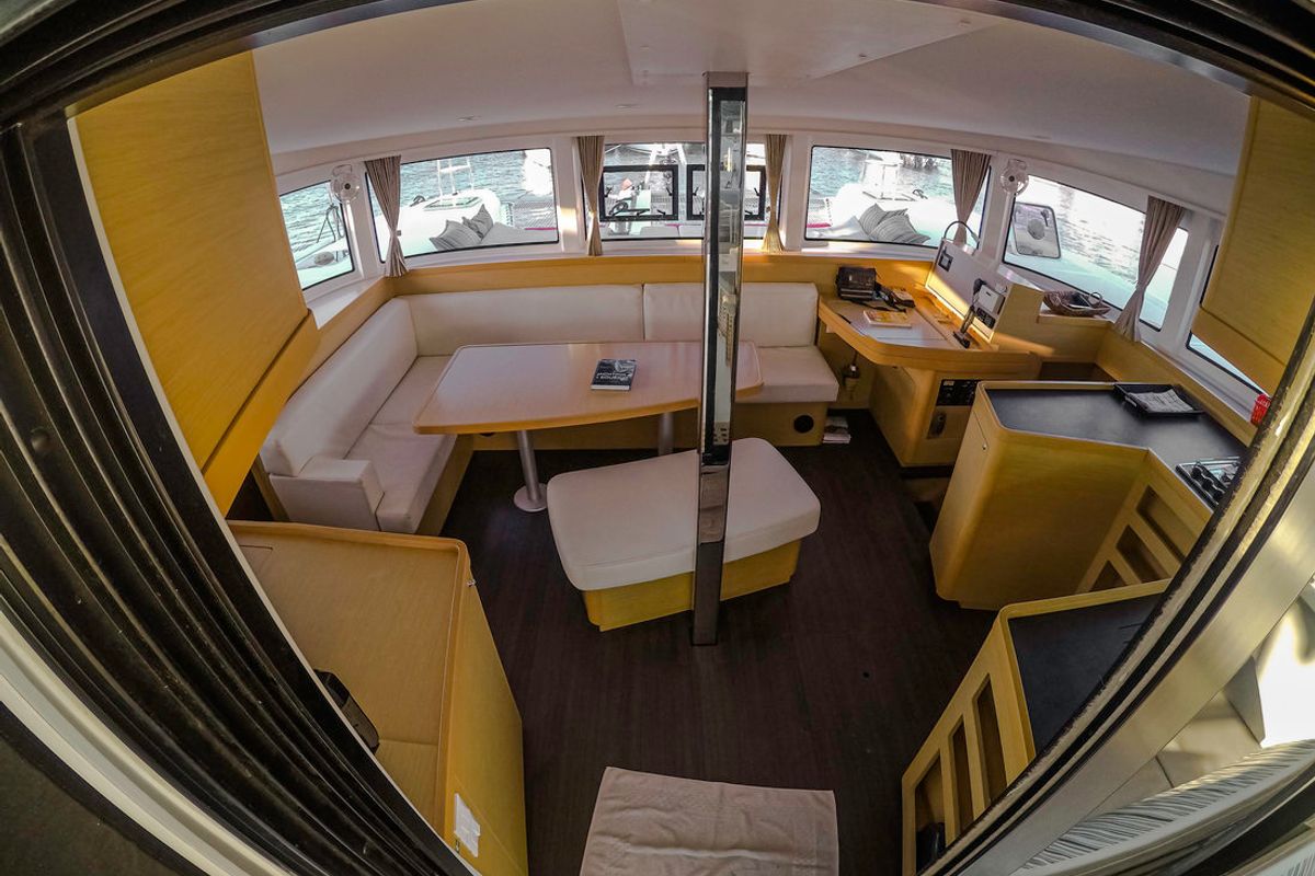 Salon of Chamotte, a Lagoon 42 catamaran at Lavreotiki Municipal Unit, Greece