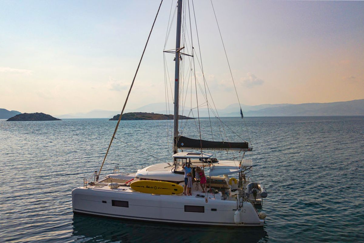 Exterior view of Chamotte, a Lagoon 42 catamaran at Lavreotiki Municipal Unit, Greece