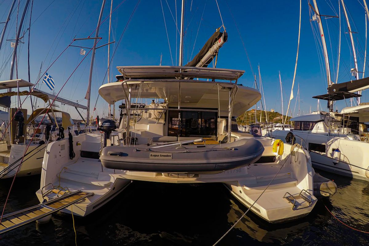 Exterior view of Chamotte, a Lagoon 42 catamaran at Lavreotiki Municipal Unit, Greece