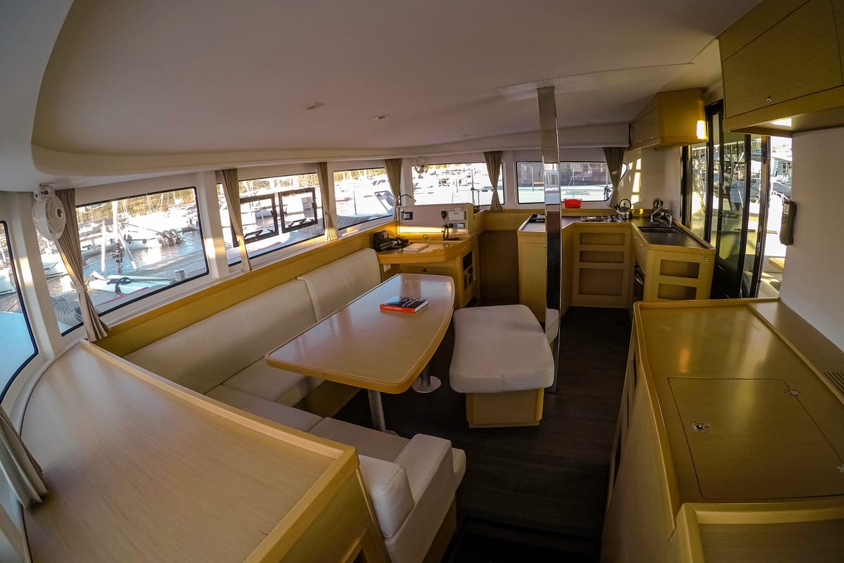 Salon of Chamotte, a Lagoon 42 catamaran at Lavreotiki Municipal Unit, Greece