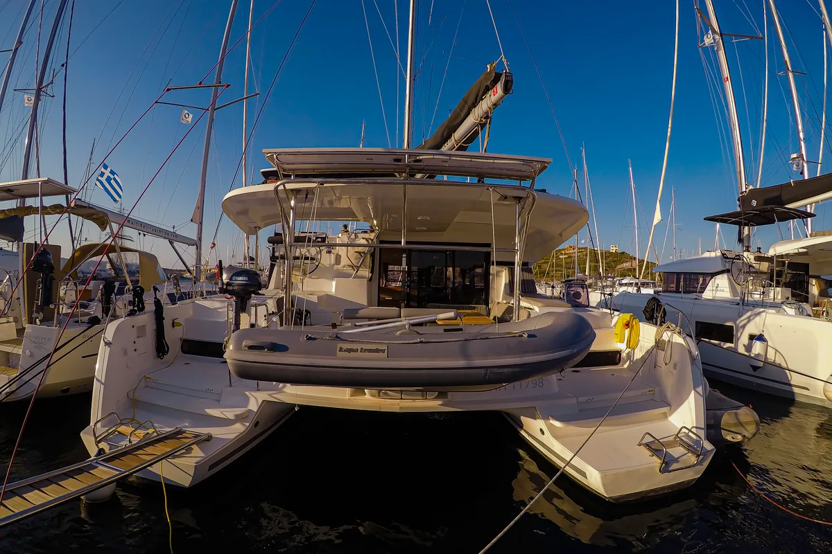 Exterior view of Chamotte, a Lagoon 42 catamaran at Lavreotiki Municipal Unit, Greece