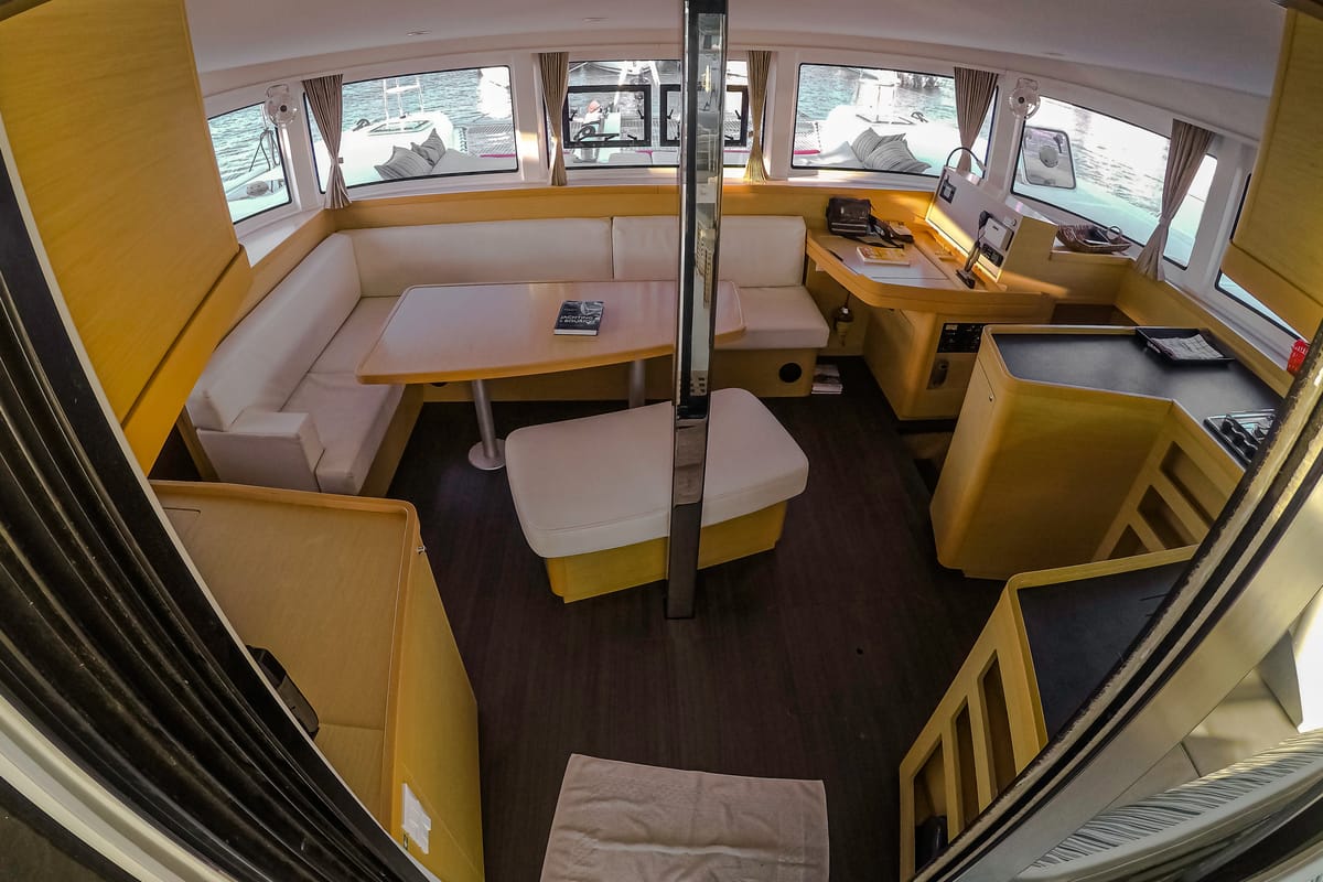 Salon of Chamotte, a Lagoon 42 catamaran at Lavreotiki Municipal Unit, Greece