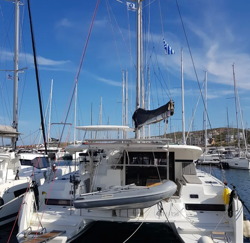 Exterior view of Chamotte, a Lagoon 42 catamaran at Lavreotiki Municipal Unit, Greece