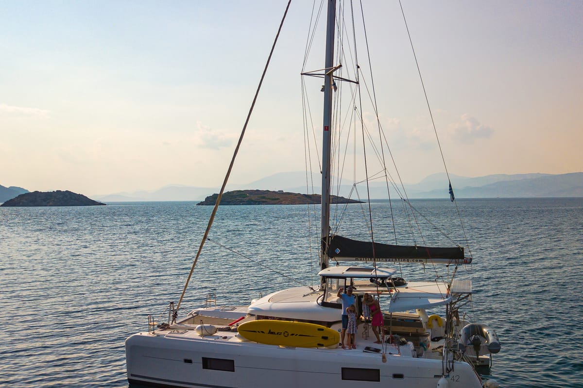 Exterior view of Chamotte, a Lagoon 42 catamaran at Lavreotiki Municipal Unit, Greece