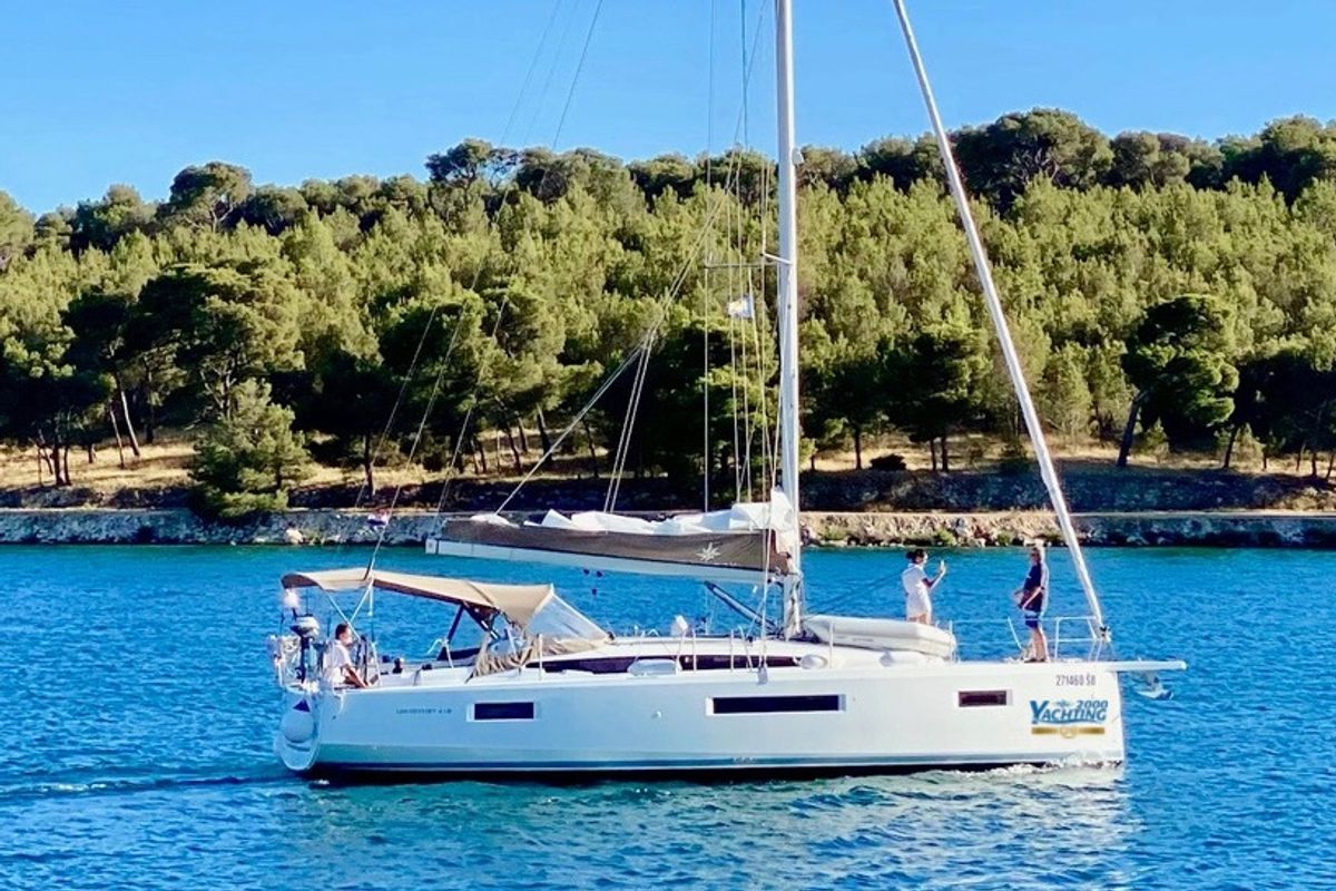 Exterior view of HAWKING, a Jeanneau Sun Odyssey 410 sailboat at Grad Šibenik, Croatia