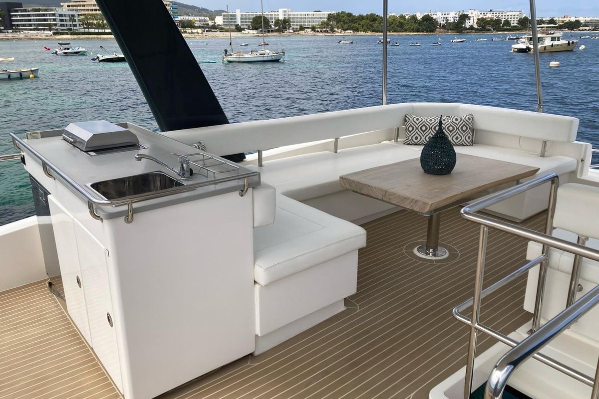 Deck of LEOPARD 43 PAULINE POWERCAT , a Leopard 43 PC catamaran at Sant Antoni de Portmany, Spain