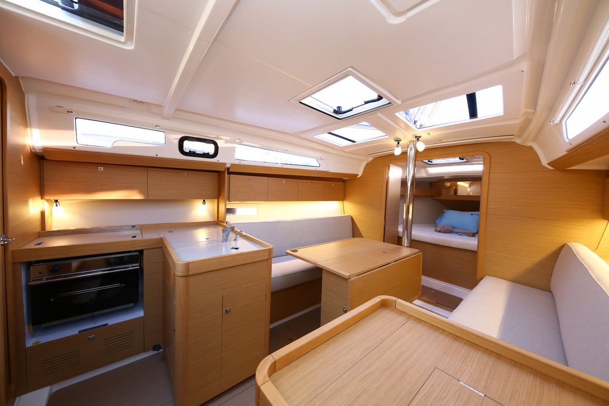 Galley of Coconut Kiss, a Dufour 360 GL sailboat at Fethiye, Turkey
