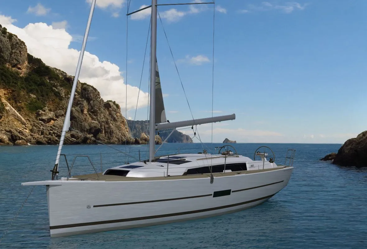 Exterior view of Coconut Kiss, a Dufour 360 GL sailboat at Fethiye, Turkey