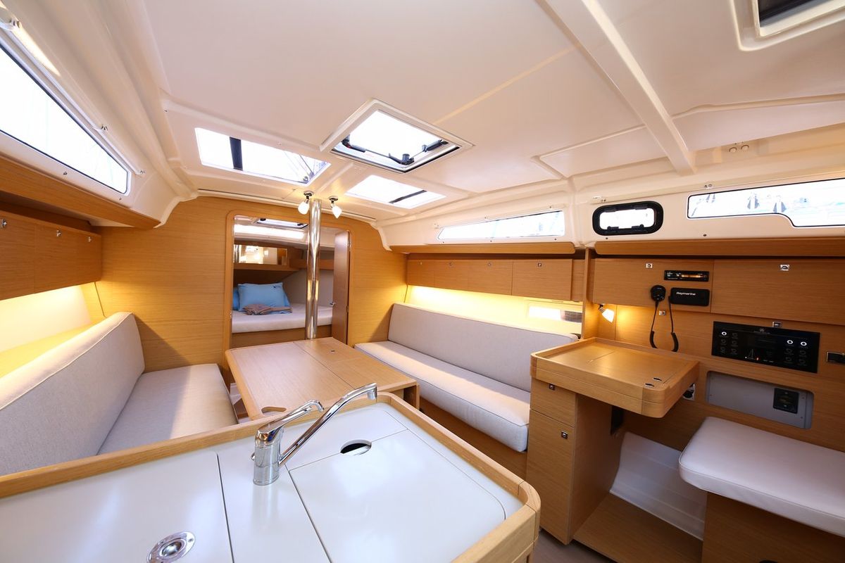 Salon of Coconut Kiss, a Dufour 360 GL sailboat at Fethiye, Turkey