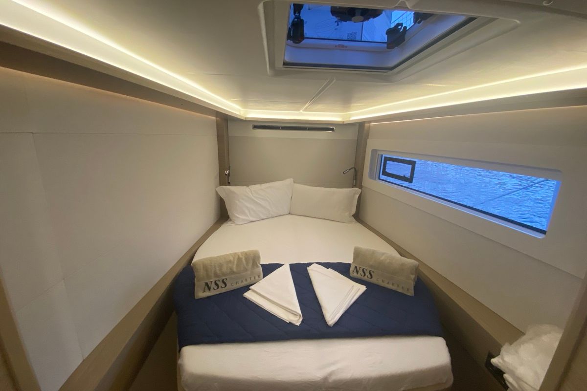Cabin on Arcturus, a Lagoon 46 catamaran at Olbia, Italy