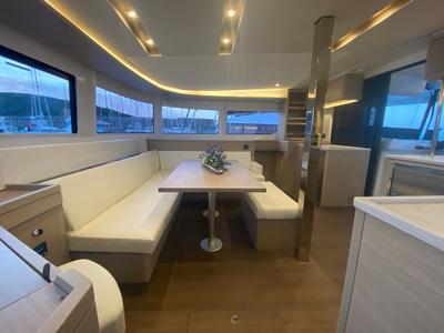 Salon of Arcturus, a Lagoon 46 catamaran at Olbia, Italy