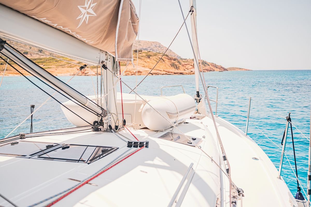 Deck of Soulmates, a Jeanneau Sun Odyssey 440 sailboat at Lavreotiki Municipal Unit, Greece