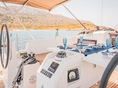 Cockpit of Soulmates, a Jeanneau Sun Odyssey 440 sailboat at Lavreotiki Municipal Unit, Greece