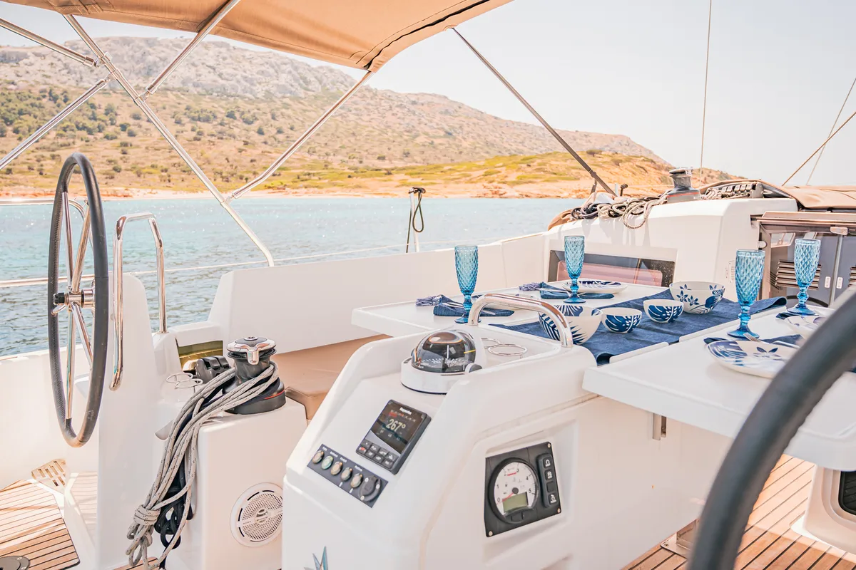 Cockpit of Soulmates, a Jeanneau Sun Odyssey 440 sailboat at Lavreotiki Municipal Unit, Greece