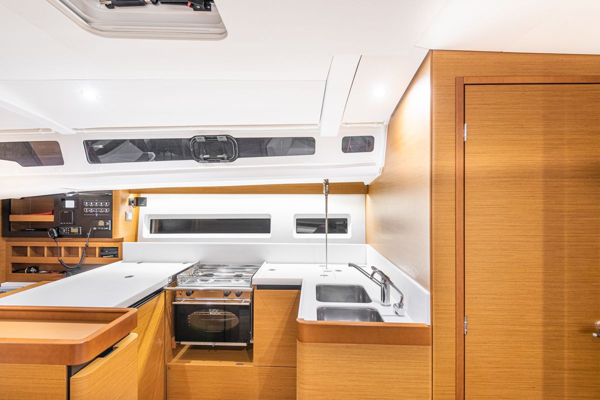 Galley of Soulmates, a Jeanneau Sun Odyssey 440 sailboat at Lavreotiki Municipal Unit, Greece