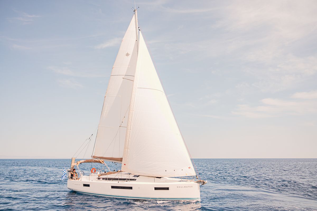 Exterior view of Soulmates, a Jeanneau Sun Odyssey 440 sailboat at Lavreotiki Municipal Unit, Greece