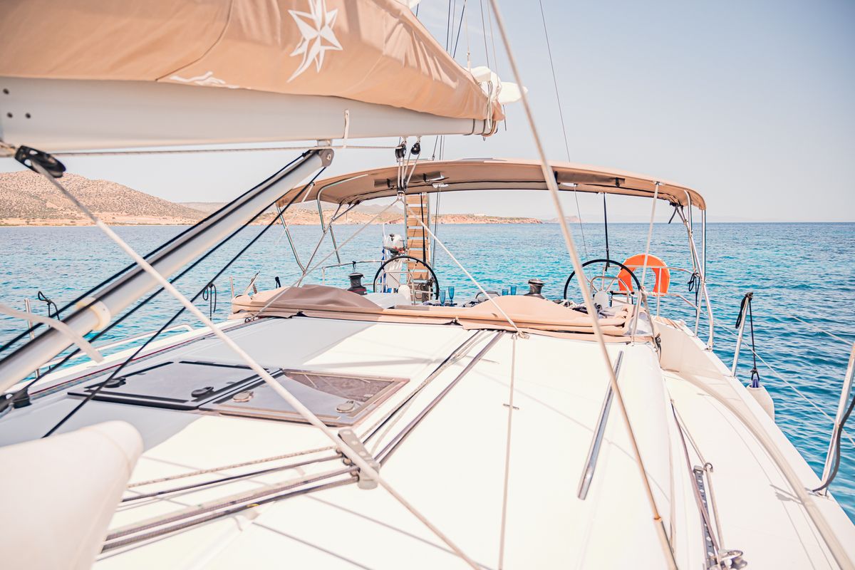Deck of Soulmates, a Jeanneau Sun Odyssey 440 sailboat at Lavreotiki Municipal Unit, Greece