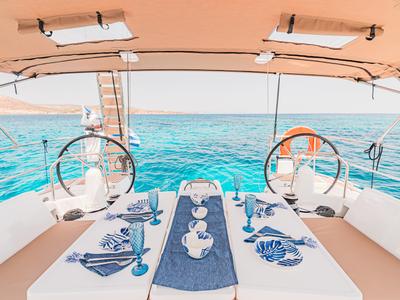 Deck of Soulmates, a Jeanneau Sun Odyssey 440 sailboat at Lavreotiki Municipal Unit, Greece