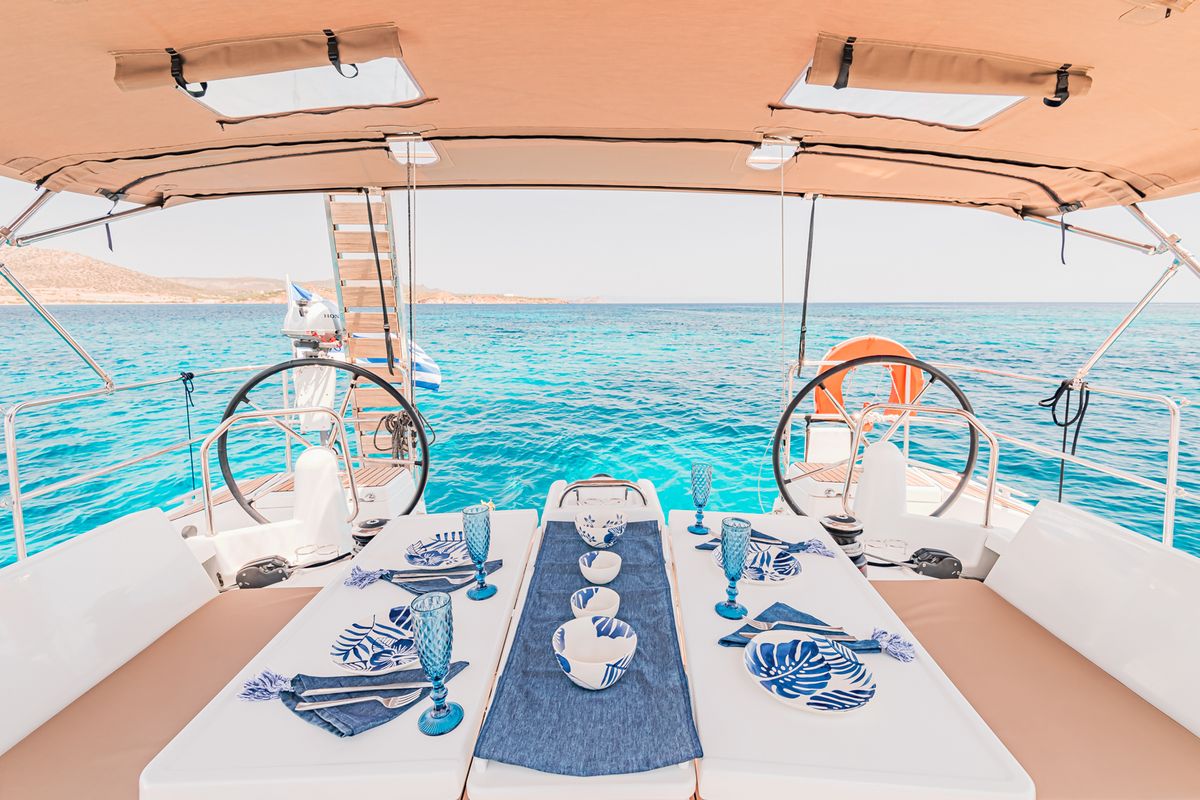 Deck of Soulmates, a Jeanneau Sun Odyssey 440 sailboat at Lavreotiki Municipal Unit, Greece