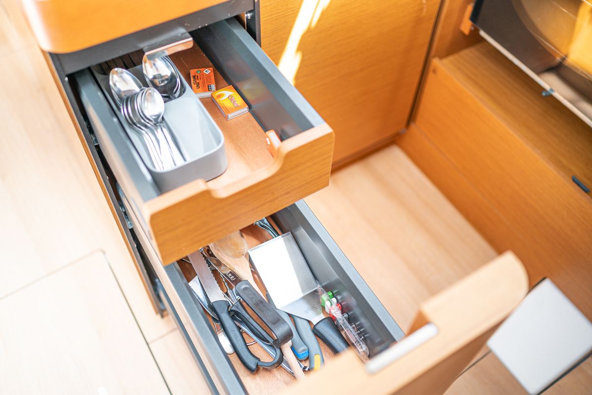 Galley of Soulmates, a Jeanneau Sun Odyssey 440 sailboat at Lavreotiki Municipal Unit, Greece