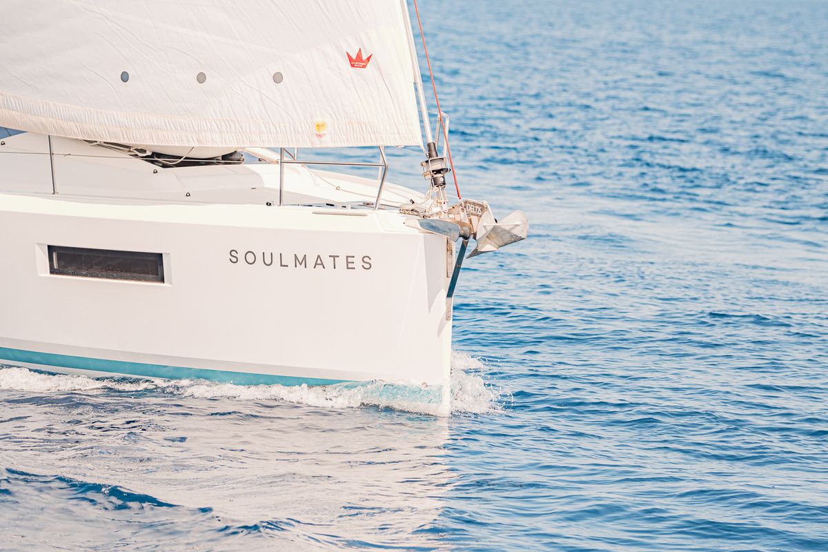 Exterior view of Soulmates, a Jeanneau Sun Odyssey 440 sailboat at Lavreotiki Municipal Unit, Greece