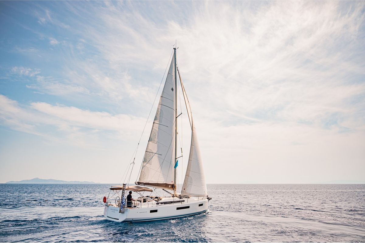 Exterior view of Soulmates, a Jeanneau Sun Odyssey 440 sailboat at Lavreotiki Municipal Unit, Greece