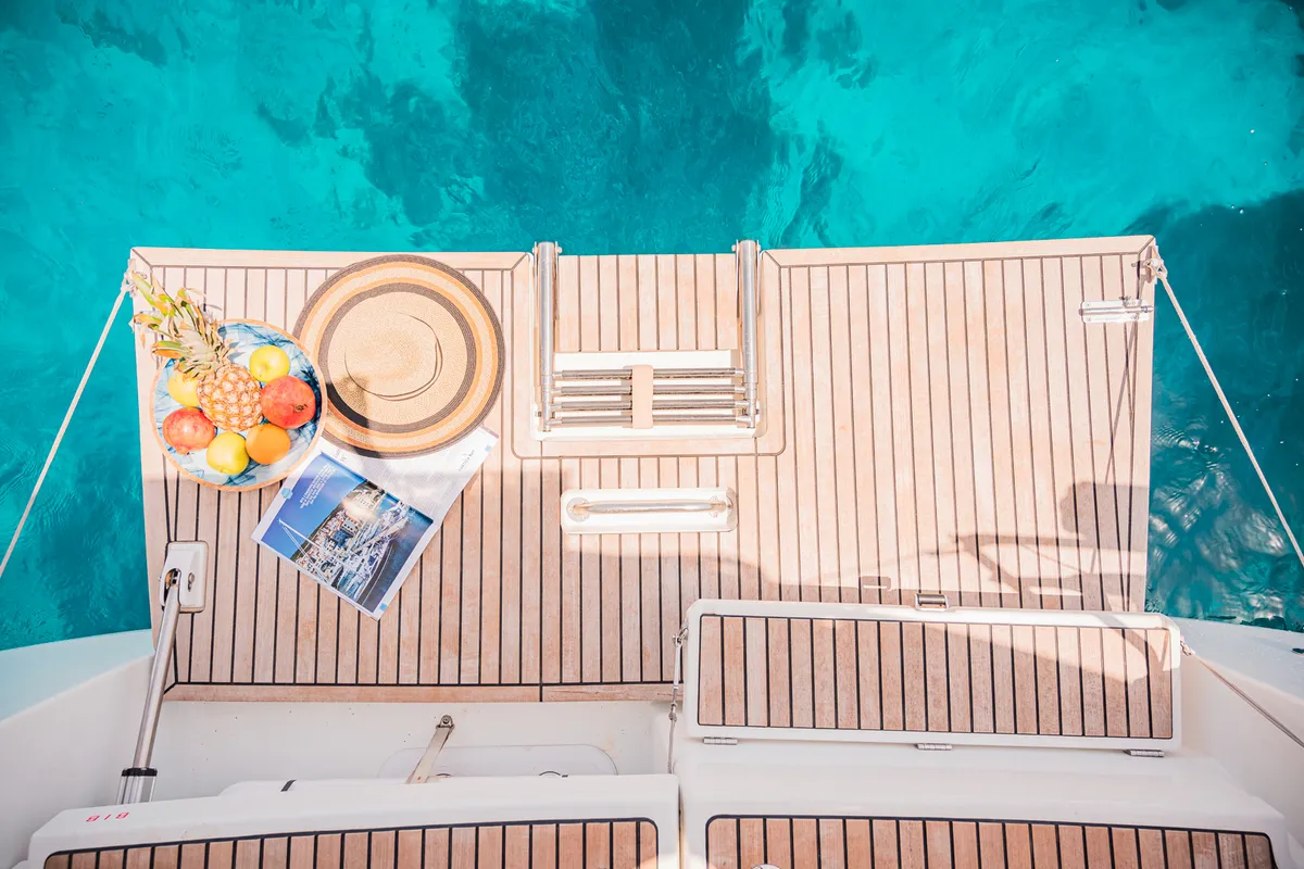 Deck of Soulmates, a Jeanneau Sun Odyssey 440 sailboat at Lavreotiki Municipal Unit, Greece