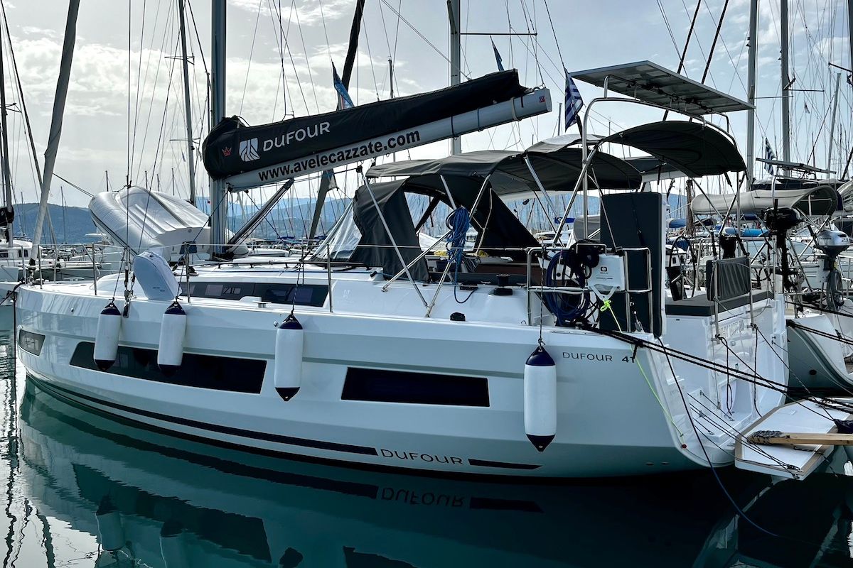 Exterior view of Why Not 20, a Dufour 41 sailboat at Municipal Unit of Lefkada, Greece