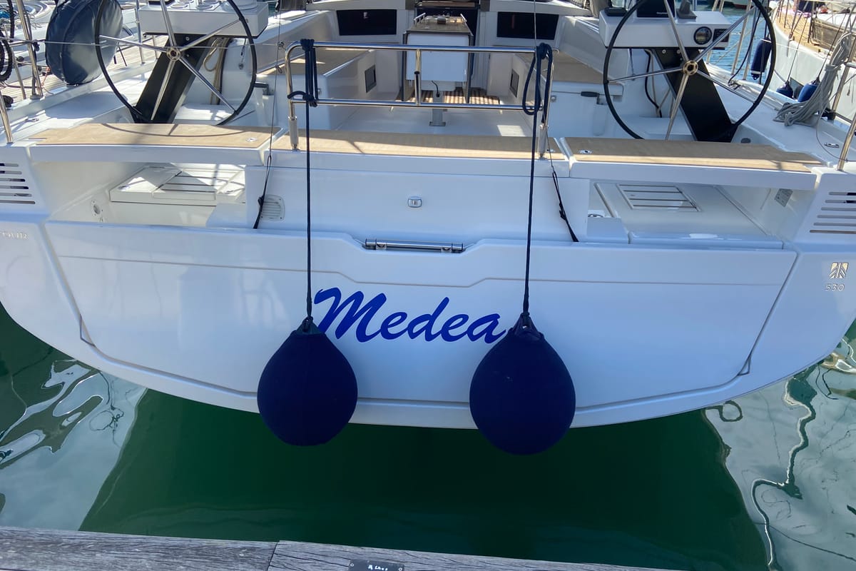 Exterior view of Medea, a Dufour 530 sailboat at Puntone di Scarlino, Italy