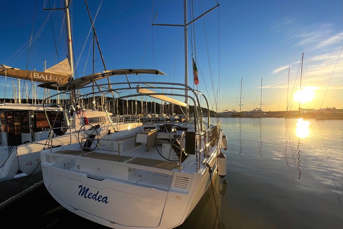 Exterior view of Medea, a Dufour 530 sailboat at Puntone di Scarlino, Italy