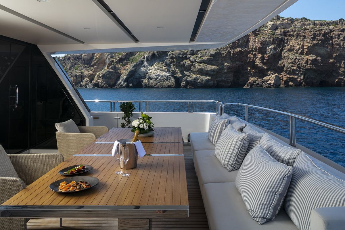 Exterior view of Dinaia, a Sanlorenzo Yacht SL106 yacht at Athens, Flisvos Delta marina, Greece