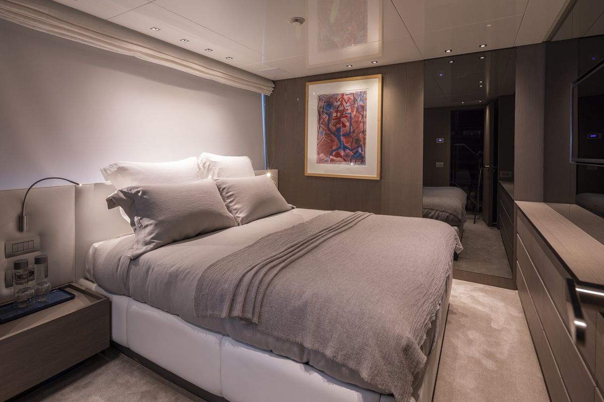 Cabin on Dinaia, a Sanlorenzo Yacht SL106 yacht at Athens, Flisvos Delta marina, Greece