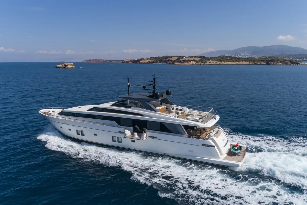 Exterior view of Dinaia, a Sanlorenzo Yacht SL106 yacht at Athens, Flisvos Delta marina, Greece