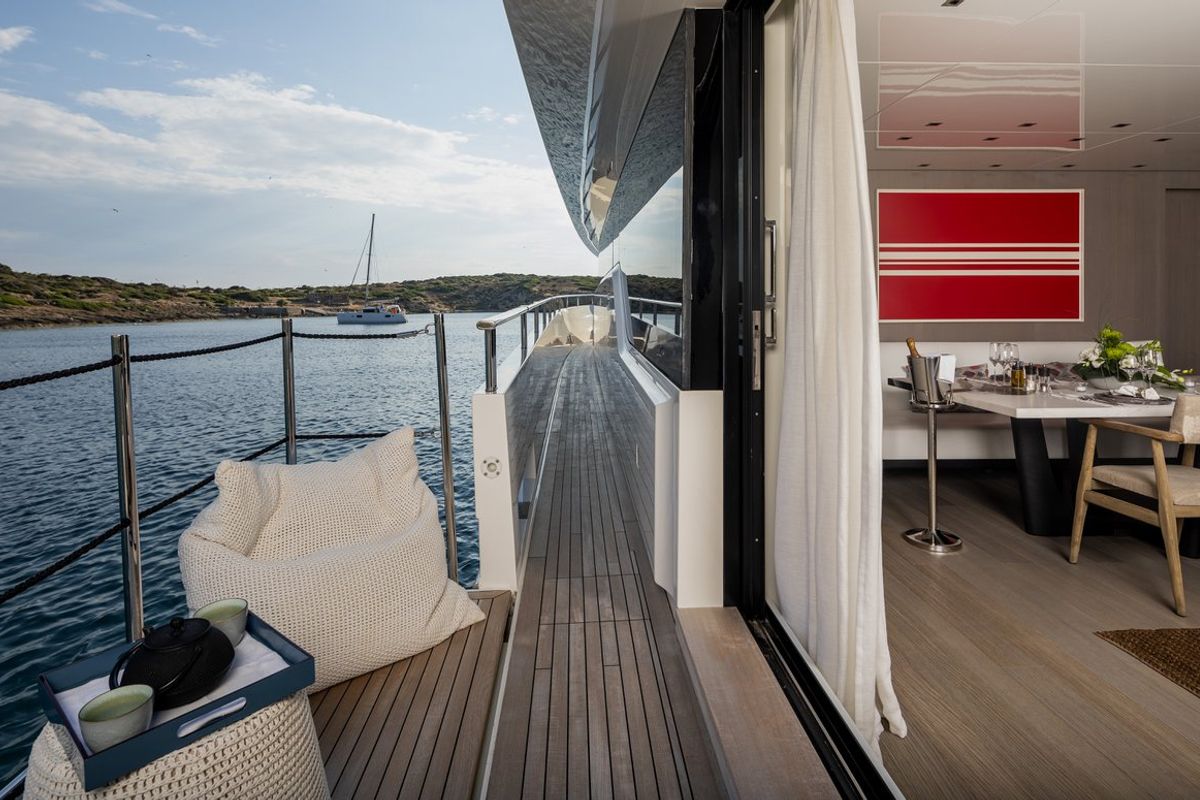 Deck of Dinaia, a Sanlorenzo Yacht SL106 yacht at Athens, Flisvos Delta marina, Greece