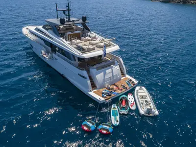 Cockpit of Dinaia, a Sanlorenzo Yacht SL106 yacht at Athens, Flisvos Delta marina, Greece