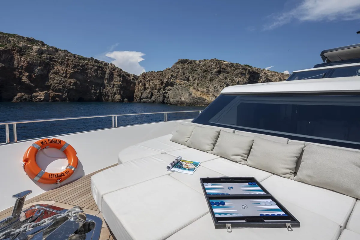 Deck of Dinaia, a Sanlorenzo Yacht SL106 yacht at Athens, Flisvos Delta marina, Greece