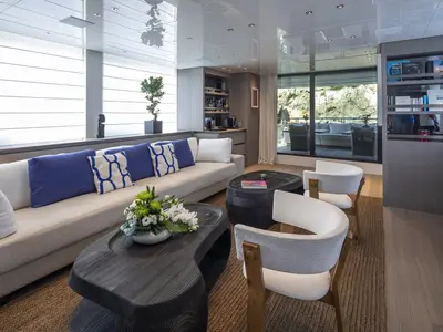 Salon of Dinaia, a Sanlorenzo Yacht SL106 yacht at Athens, Flisvos Delta marina, Greece