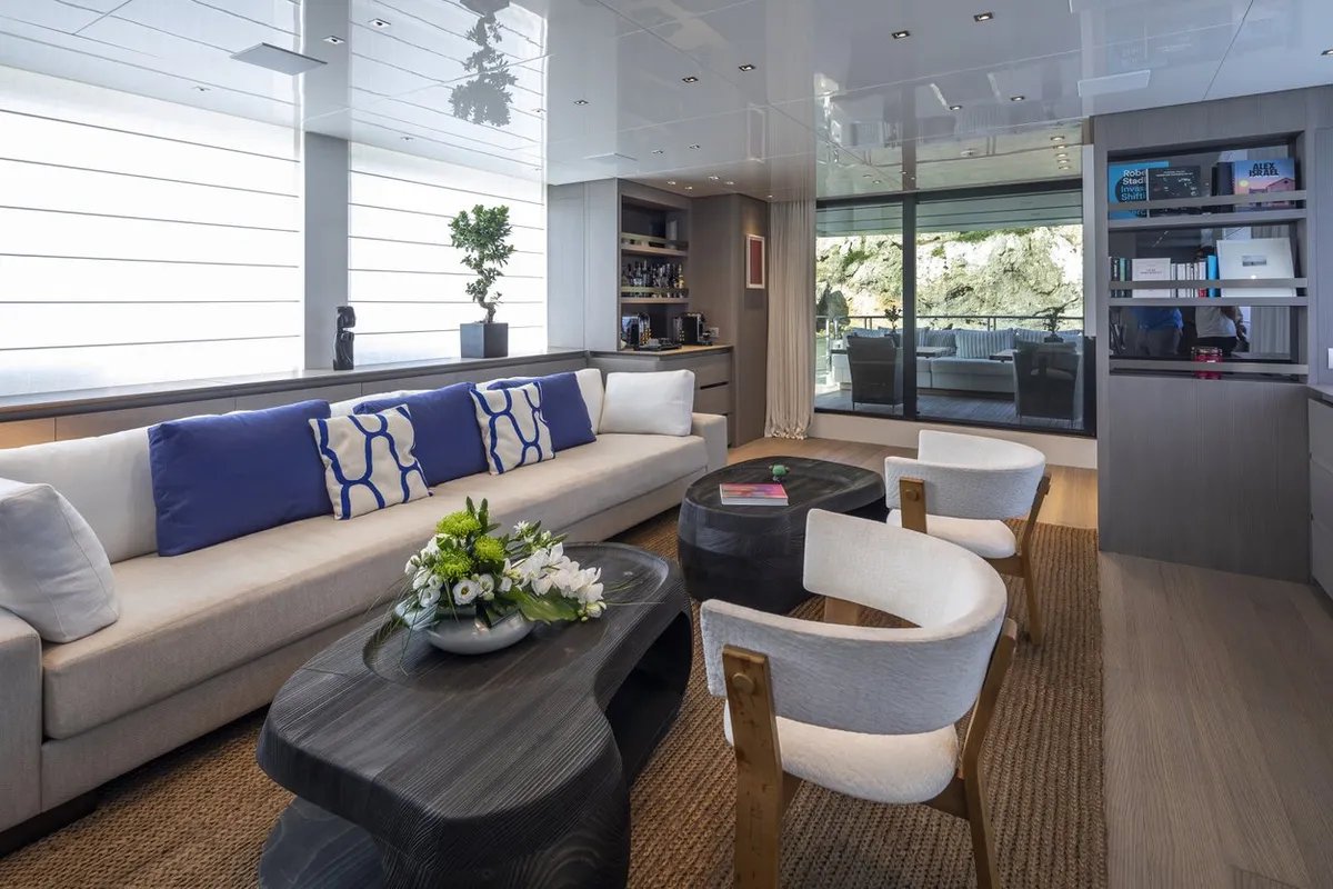 Salon of Dinaia, a Sanlorenzo Yacht SL106 yacht at Athens, Flisvos Delta marina, Greece